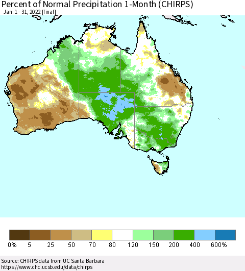 Australia Percent of Normal Precipitation 1-Month (CHIRPS) Thematic Map For 1/1/2022 - 1/31/2022
