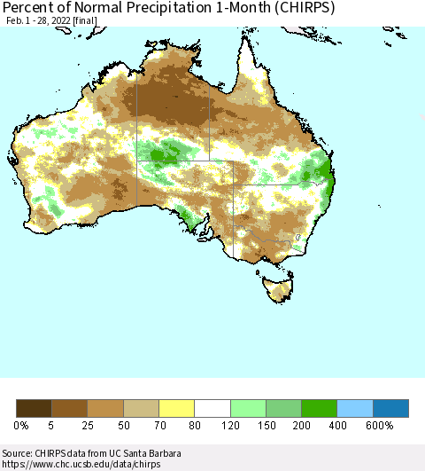 Australia Percent of Normal Precipitation 1-Month (CHIRPS) Thematic Map For 2/1/2022 - 2/28/2022