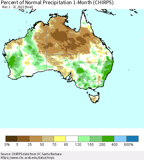 Australia Percent of Normal Precipitation 1-Month (CHIRPS) Thematic Map For 3/1/2022 - 3/31/2022
