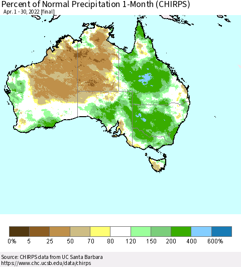 Australia Percent of Normal Precipitation 1-Month (CHIRPS) Thematic Map For 4/1/2022 - 4/30/2022