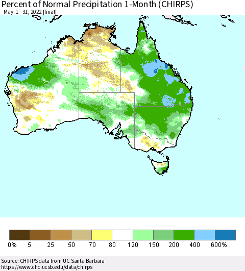 Australia Percent of Normal Precipitation 1-Month (CHIRPS) Thematic Map For 5/1/2022 - 5/31/2022
