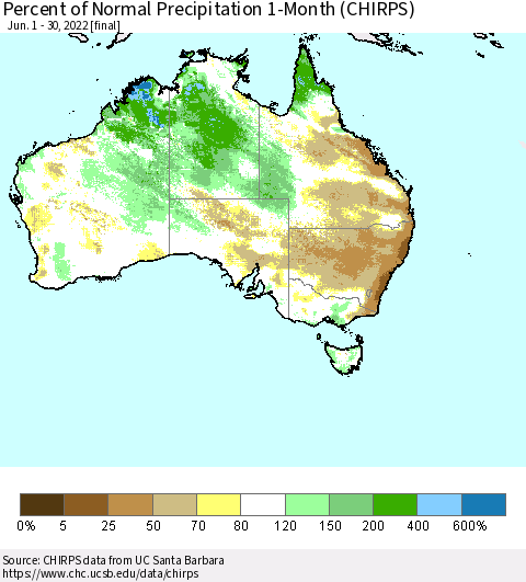Australia Percent of Normal Precipitation 1-Month (CHIRPS) Thematic Map For 6/1/2022 - 6/30/2022