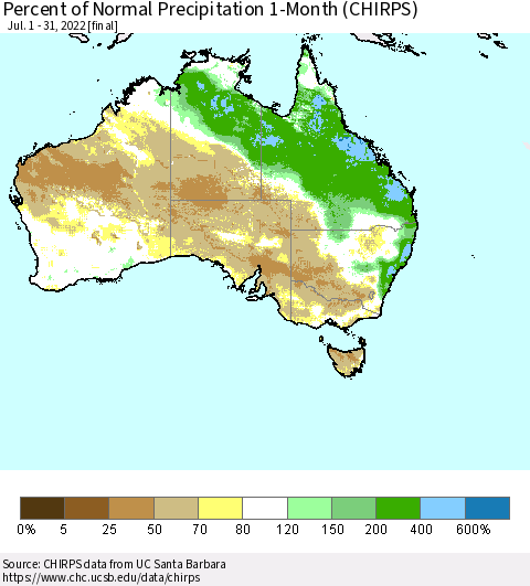 Australia Percent of Normal Precipitation 1-Month (CHIRPS) Thematic Map For 7/1/2022 - 7/31/2022