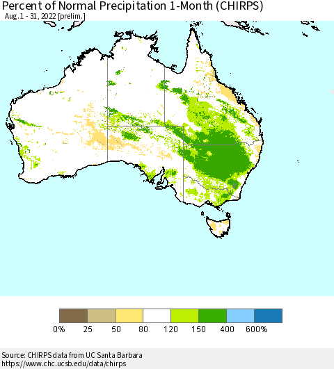 Australia Percent of Normal Precipitation 1-Month (CHIRPS) Thematic Map For 8/1/2022 - 8/31/2022