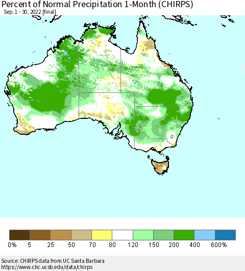 Australia Percent of Normal Precipitation 1-Month (CHIRPS) Thematic Map For 9/1/2022 - 9/30/2022