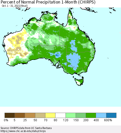 Australia Percent of Normal Precipitation 1-Month (CHIRPS) Thematic Map For 10/1/2022 - 10/31/2022