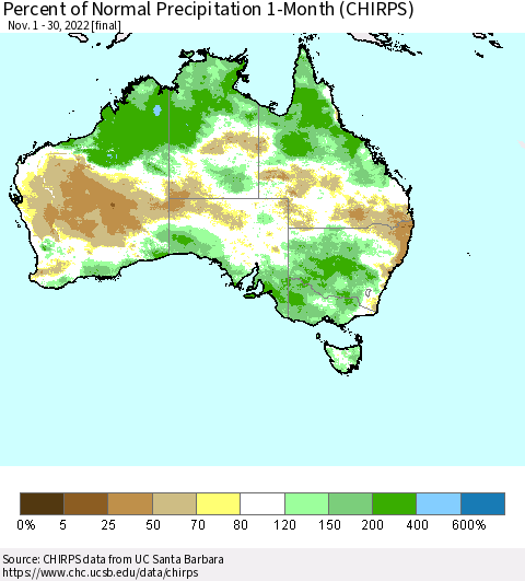 Australia Percent of Normal Precipitation 1-Month (CHIRPS) Thematic Map For 11/1/2022 - 11/30/2022