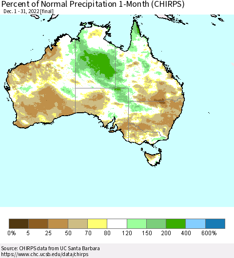 Australia Percent of Normal Precipitation 1-Month (CHIRPS) Thematic Map For 12/1/2022 - 12/31/2022