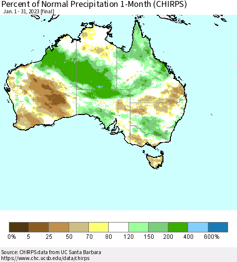 Australia Percent of Normal Precipitation 1-Month (CHIRPS) Thematic Map For 1/1/2023 - 1/31/2023