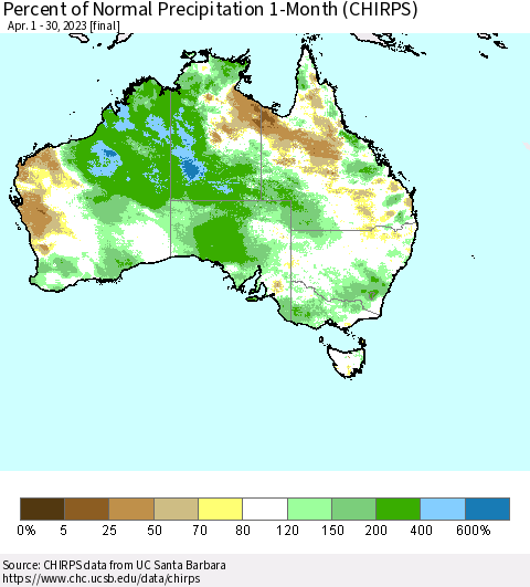 Australia Percent of Normal Precipitation 1-Month (CHIRPS) Thematic Map For 4/1/2023 - 4/30/2023