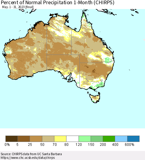 Australia Percent of Normal Precipitation 1-Month (CHIRPS) Thematic Map For 5/1/2023 - 5/31/2023