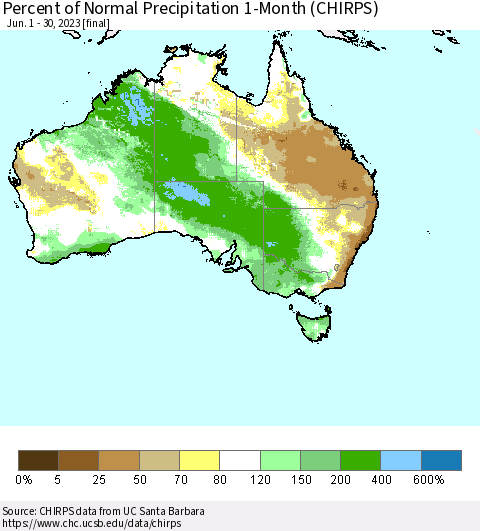 Australia Percent of Normal Precipitation 1-Month (CHIRPS) Thematic Map For 6/1/2023 - 6/30/2023