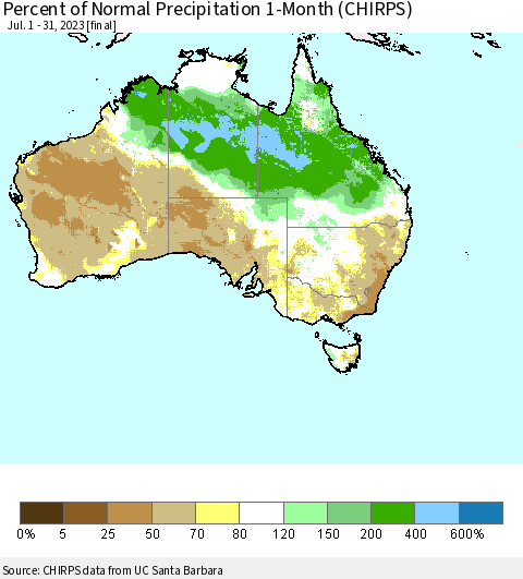 Australia Percent of Normal Precipitation 1-Month (CHIRPS) Thematic Map For 7/1/2023 - 7/31/2023
