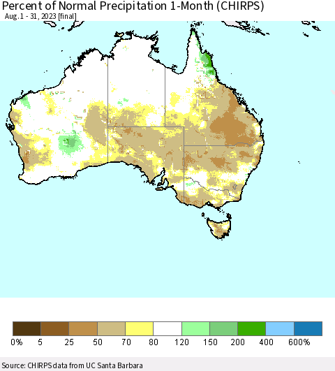 Australia Percent of Normal Precipitation 1-Month (CHIRPS) Thematic Map For 8/1/2023 - 8/31/2023