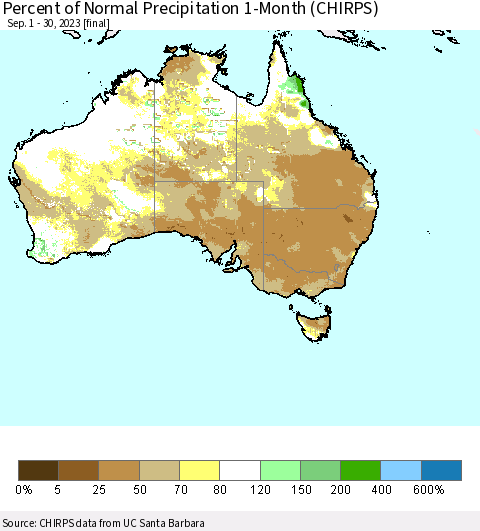 Australia Percent of Normal Precipitation 1-Month (CHIRPS) Thematic Map For 9/1/2023 - 9/30/2023