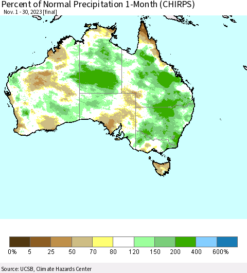 Australia Percent of Normal Precipitation 1-Month (CHIRPS) Thematic Map For 11/1/2023 - 11/30/2023
