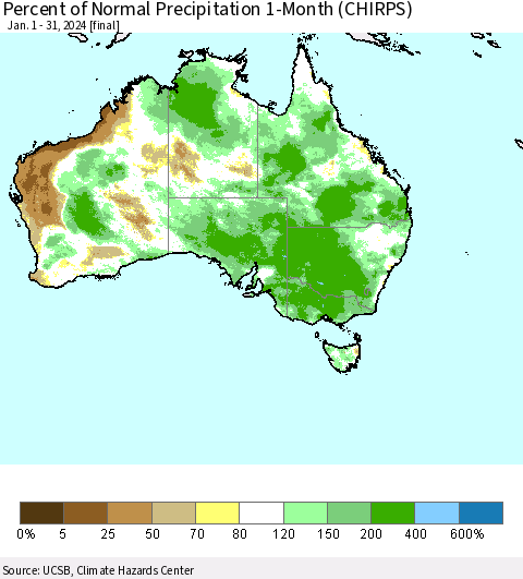 Australia Percent of Normal Precipitation 1-Month (CHIRPS) Thematic Map For 1/1/2024 - 1/31/2024