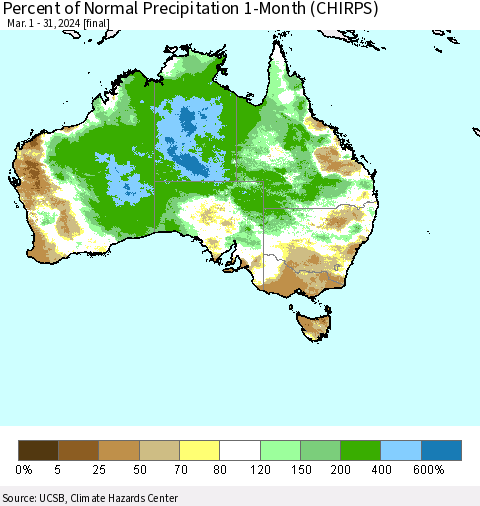 Australia Percent of Normal Precipitation 1-Month (CHIRPS) Thematic Map For 3/1/2024 - 3/31/2024