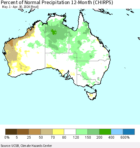 Australia Percent of Normal Precipitation 12-Month (CHIRPS) Thematic Map For 5/1/2023 - 4/30/2024