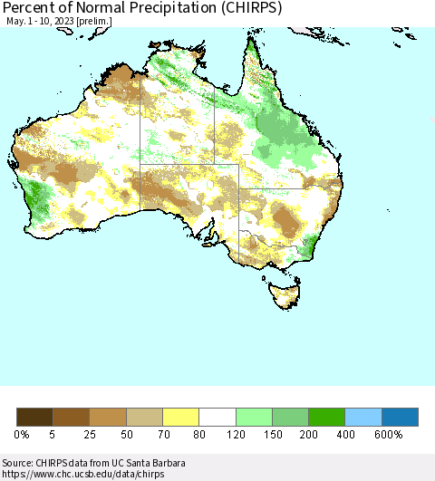 Australia Percent of Normal Precipitation (CHIRPS) Thematic Map For 5/1/2023 - 5/10/2023
