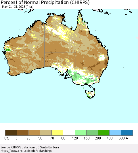 Australia Percent of Normal Precipitation (CHIRPS) Thematic Map For 5/21/2023 - 5/31/2023