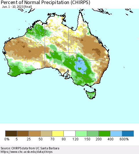Australia Percent of Normal Precipitation (CHIRPS) Thematic Map For 6/1/2023 - 6/10/2023