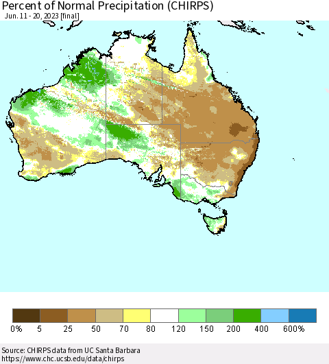 Australia Percent of Normal Precipitation (CHIRPS) Thematic Map For 6/11/2023 - 6/20/2023