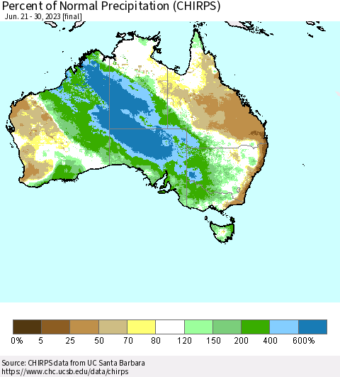 Australia Percent of Normal Precipitation (CHIRPS) Thematic Map For 6/21/2023 - 6/30/2023
