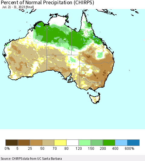 Australia Percent of Normal Precipitation (CHIRPS) Thematic Map For 7/21/2023 - 7/31/2023