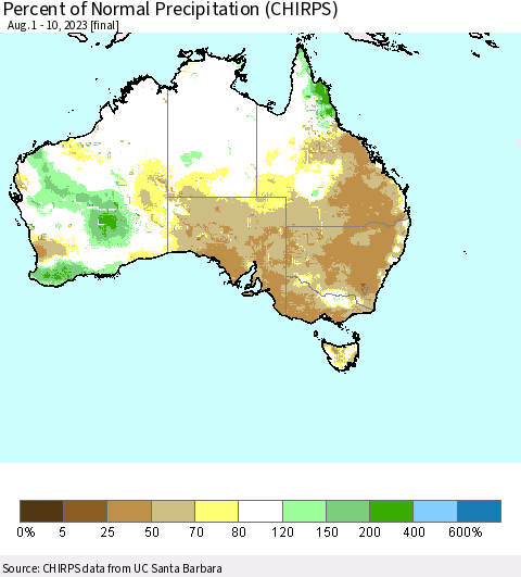 Australia Percent of Normal Precipitation (CHIRPS) Thematic Map For 8/1/2023 - 8/10/2023