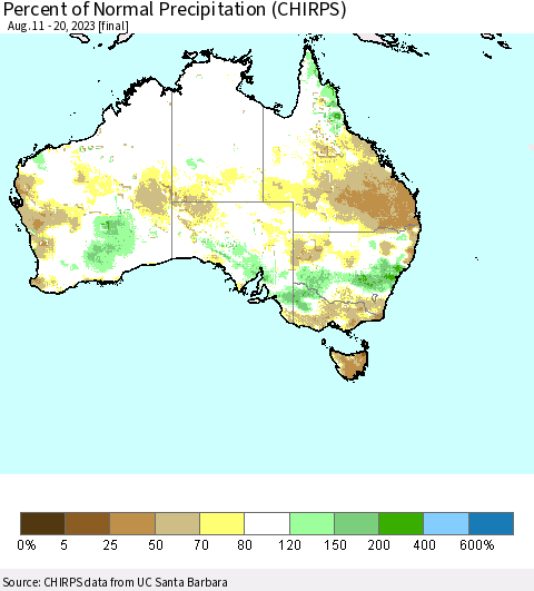 Australia Percent of Normal Precipitation (CHIRPS) Thematic Map For 8/11/2023 - 8/20/2023