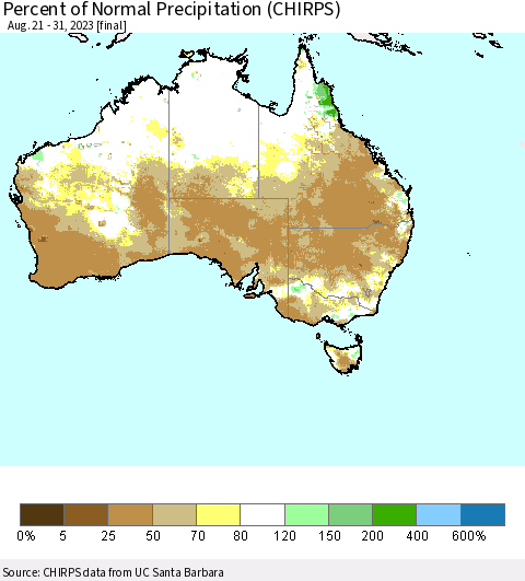 Australia Percent of Normal Precipitation (CHIRPS) Thematic Map For 8/21/2023 - 8/31/2023