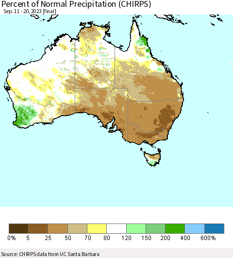 Australia Percent of Normal Precipitation (CHIRPS) Thematic Map For 9/11/2023 - 9/20/2023