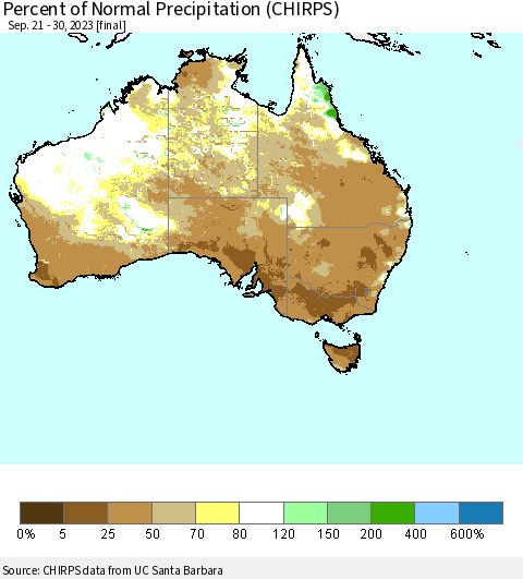 Australia Percent of Normal Precipitation (CHIRPS) Thematic Map For 9/21/2023 - 9/30/2023