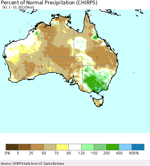 Australia Percent of Normal Precipitation (CHIRPS) Thematic Map For 10/1/2023 - 10/10/2023