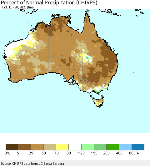 Australia Percent of Normal Precipitation (CHIRPS) Thematic Map For 10/11/2023 - 10/20/2023