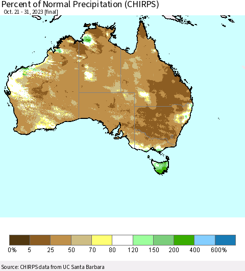 Australia Percent of Normal Precipitation (CHIRPS) Thematic Map For 10/21/2023 - 10/31/2023
