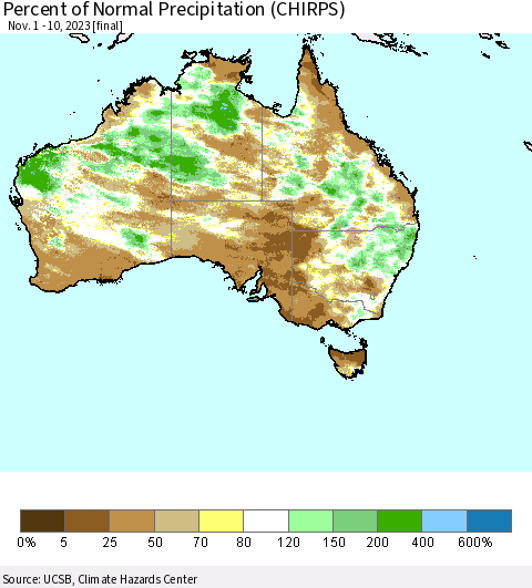 Australia Percent of Normal Precipitation (CHIRPS) Thematic Map For 11/1/2023 - 11/10/2023