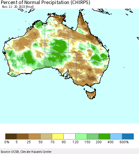 Australia Percent of Normal Precipitation (CHIRPS) Thematic Map For 11/11/2023 - 11/20/2023