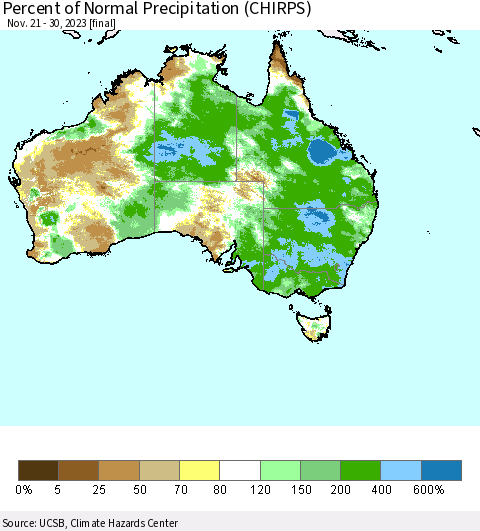 Australia Percent of Normal Precipitation (CHIRPS) Thematic Map For 11/21/2023 - 11/30/2023