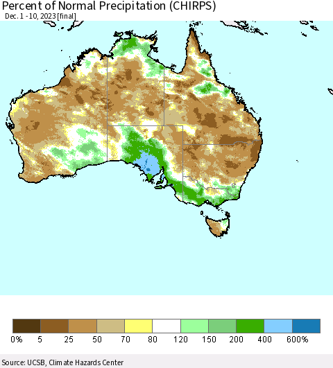 Australia Percent of Normal Precipitation (CHIRPS) Thematic Map For 12/1/2023 - 12/10/2023