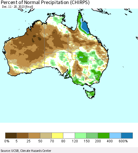 Australia Percent of Normal Precipitation (CHIRPS) Thematic Map For 12/11/2023 - 12/20/2023