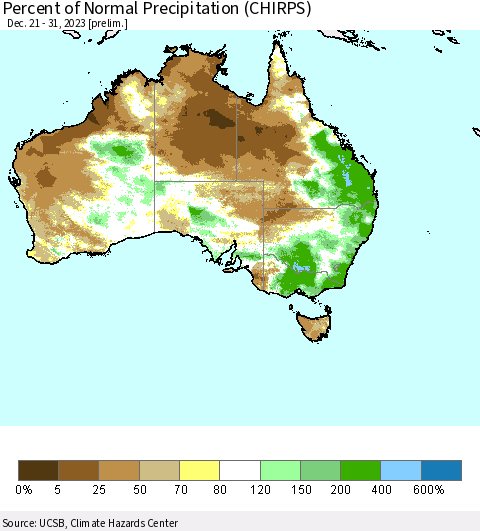 Australia Percent of Normal Precipitation (CHIRPS) Thematic Map For 12/21/2023 - 12/31/2023