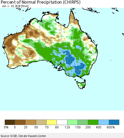 Australia Percent of Normal Precipitation (CHIRPS) Thematic Map For 1/1/2024 - 1/10/2024