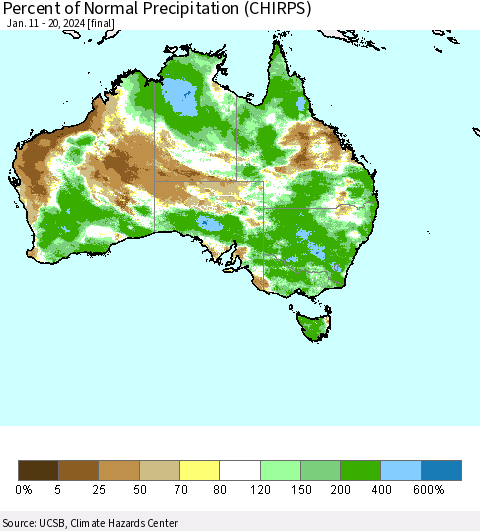 Australia Percent of Normal Precipitation (CHIRPS) Thematic Map For 1/11/2024 - 1/20/2024