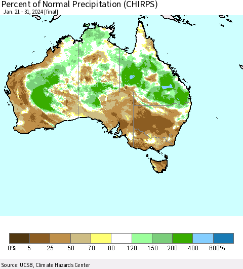Australia Percent of Normal Precipitation (CHIRPS) Thematic Map For 1/21/2024 - 1/31/2024