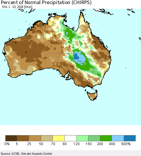 Australia Percent of Normal Precipitation (CHIRPS) Thematic Map For 2/1/2024 - 2/10/2024