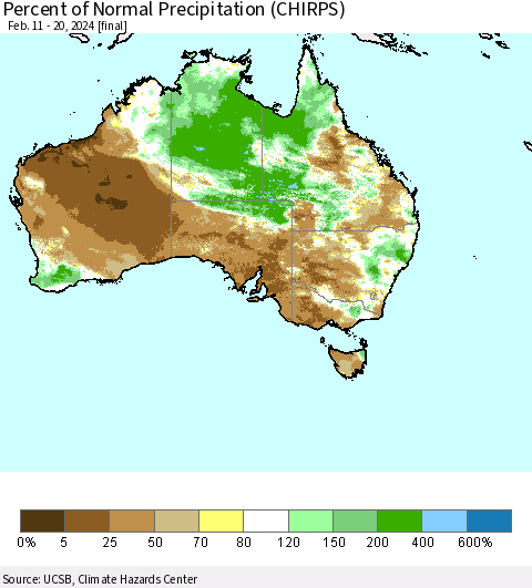 Australia Percent of Normal Precipitation (CHIRPS) Thematic Map For 2/11/2024 - 2/20/2024