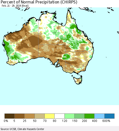 Australia Percent of Normal Precipitation (CHIRPS) Thematic Map For 2/21/2024 - 2/29/2024