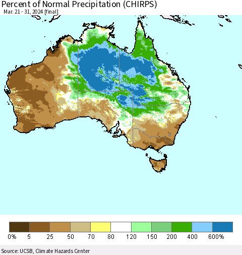 Australia Percent of Normal Precipitation (CHIRPS) Thematic Map For 3/21/2024 - 3/31/2024